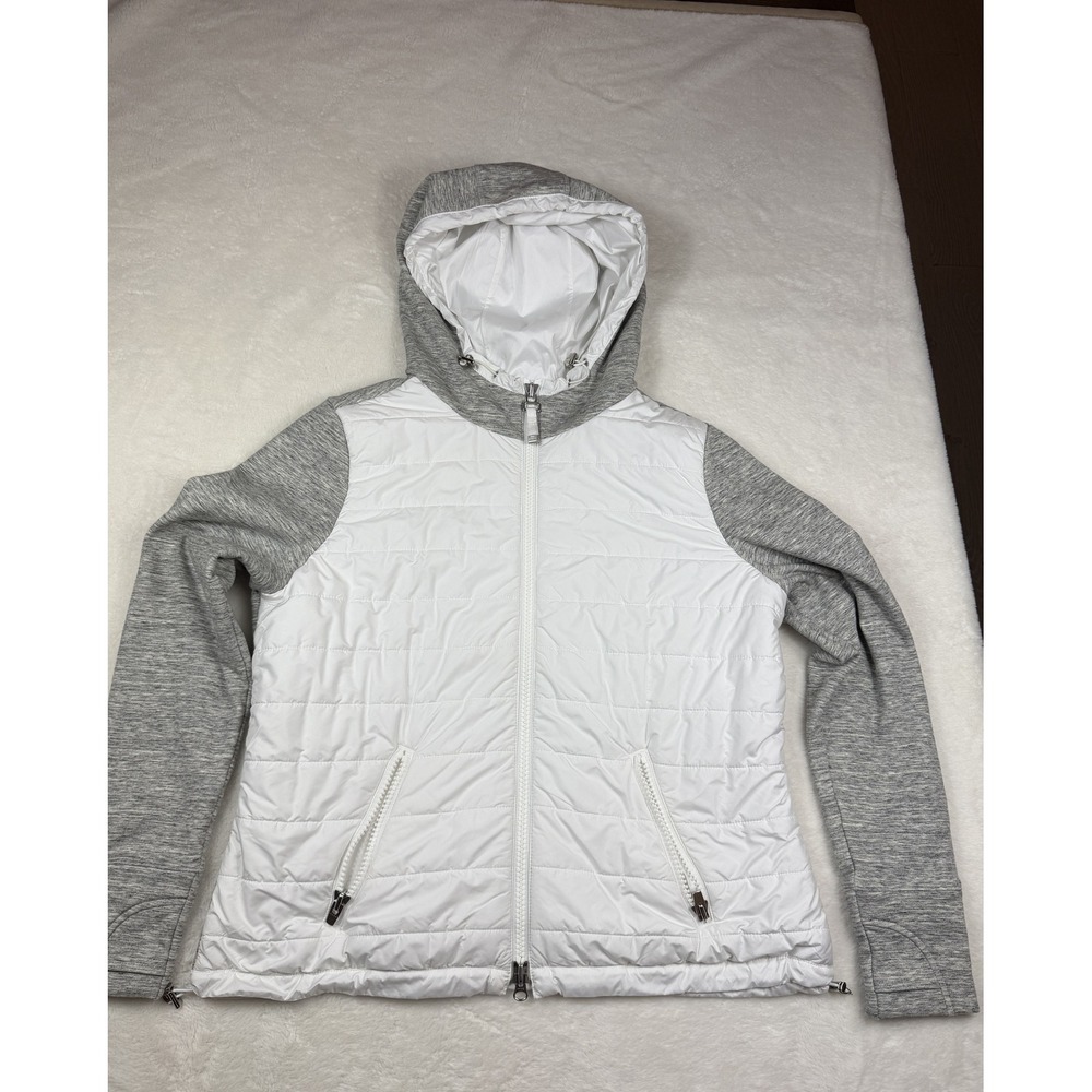 Athleta Womens Gray White Hybrid Quilted Hooded Jacket M Full Zip Activewear